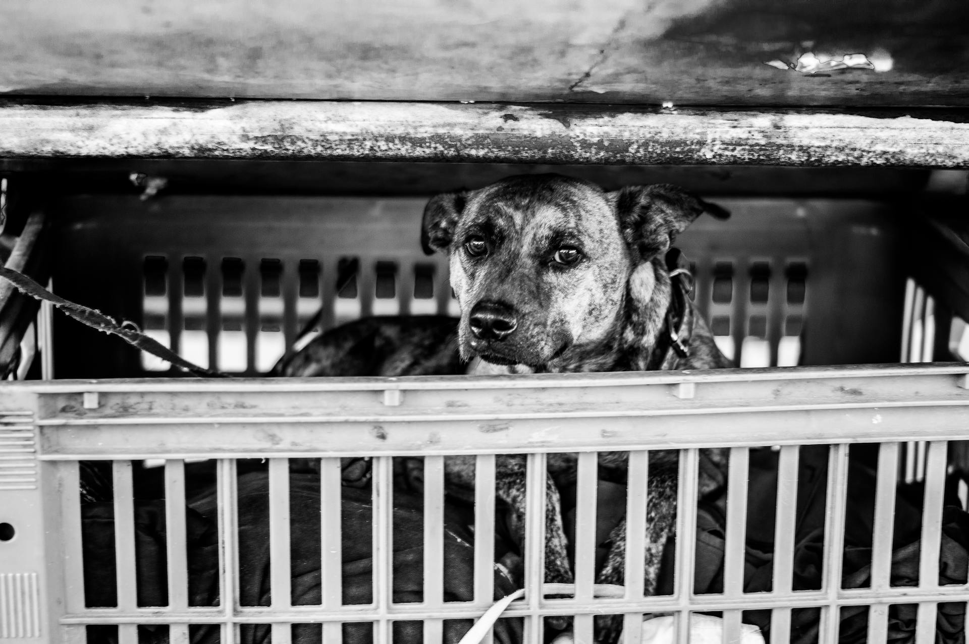 Un chien dans une caisse en laisse