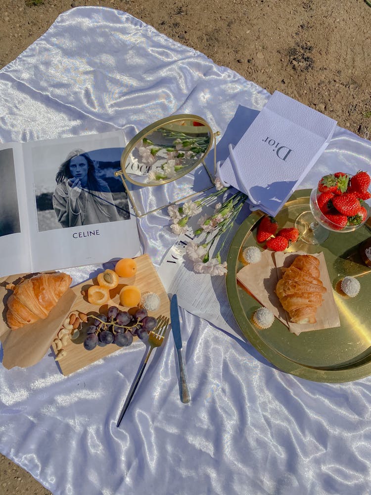 Fruits, Flowers And Magazine On Blanket At Picnic