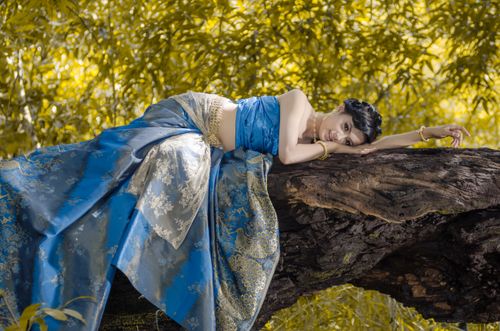 Free A woman in a traditional blue saree gracefully resting on a tree trunk with a serene backdrop. Stock Photo