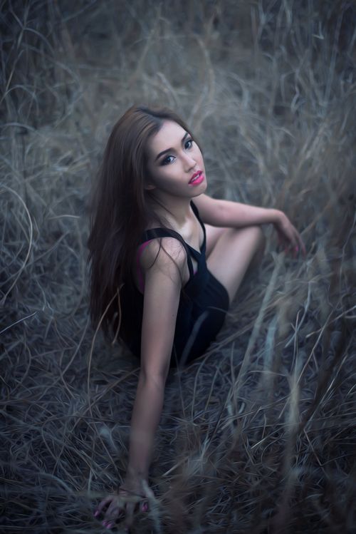 Free Captivating portrait of an Asian woman seated in a field, exuding elegance and grace. Stock Photo