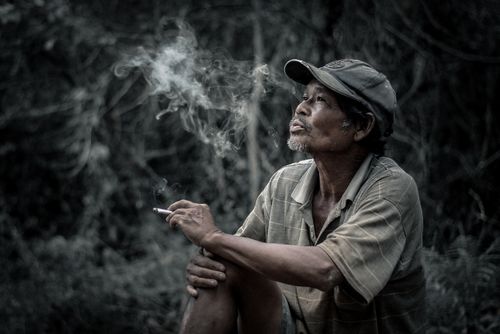 Free Portrait of an elderly man smoking outdoors, surrounded by nature, reflecting solitude. Stock Photo
