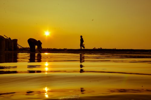 Free Silhouetted farmers by a reflective lake during sunset, capturing rustic rural life and nature's golden hour beauty. Stock Photo