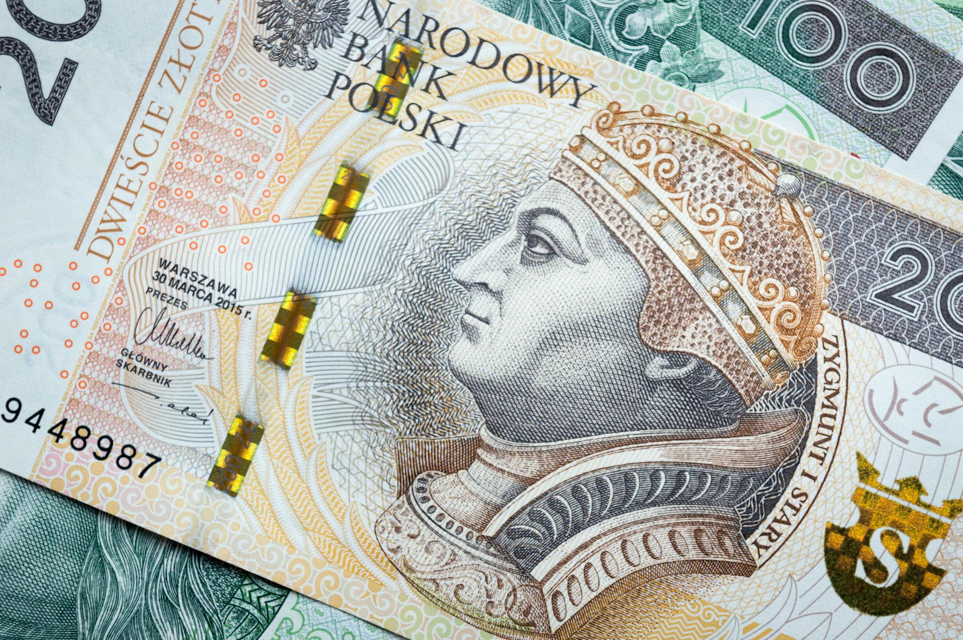 High-resolution image of Polish currency banknotes showcasing intricate design and security features.