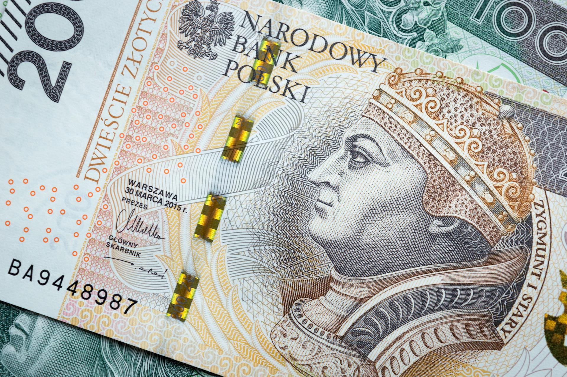 Detailed image of Polish Zloty banknotes featuring historical figures, emphasizing currency design.