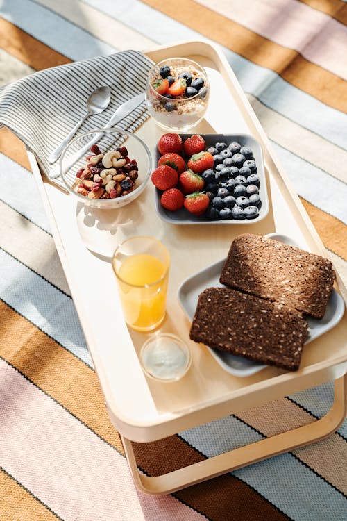 Free Breakfast in Bed Served in a Tray Stock Photo
