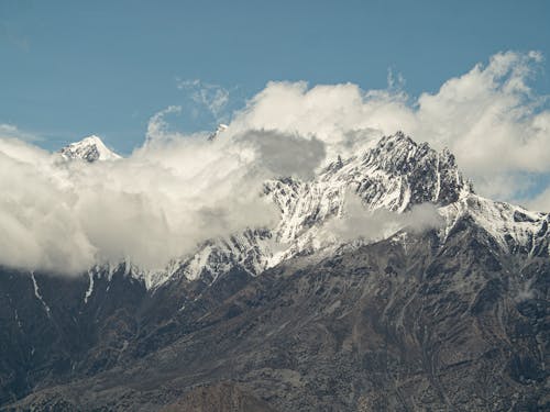 A Snow Covered Mountain Under the Blue Sky and White Clouds