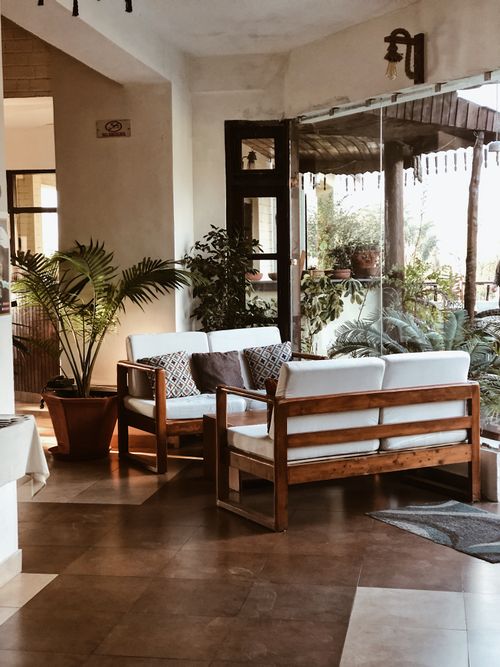 Free Warm and inviting living room featuring wooden furniture, indoor plants, and large glass windows overlooking nature. Stock Photo