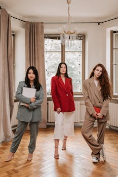 Three confident women in business attire representing modern diversity and leadership in an elegant office setting.