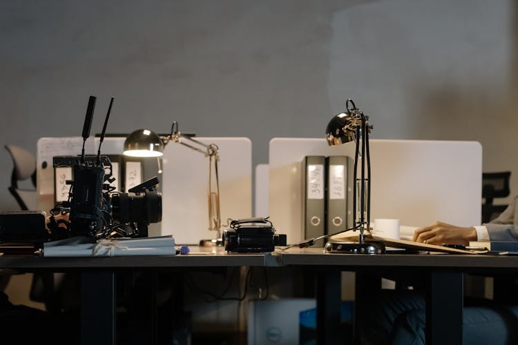 Desks With Desk Lamps In An Office