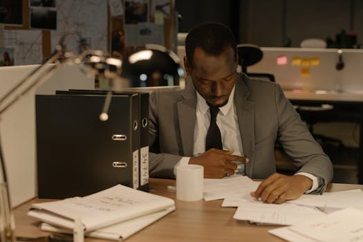Businessman focused on paperwork at his desk in a modern office setting.