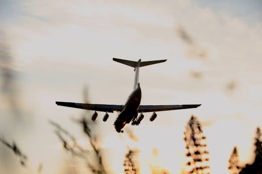 Silhouette of an airplane landing with a vibrant sky backdrop, highlighting aviation and travel.