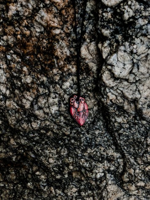Unique anatomical heart pendant on textured stone surface, artistic expression.