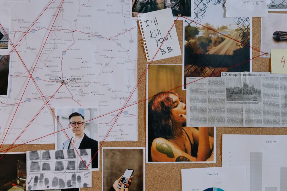 Case board with photographs and notes connected by red thread