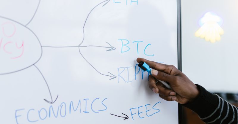 Abstract editorial data-visualization illustration in balanced, blue-toned tones representing USDC and the broader cryptocurrency market — crypto scenario analysis.