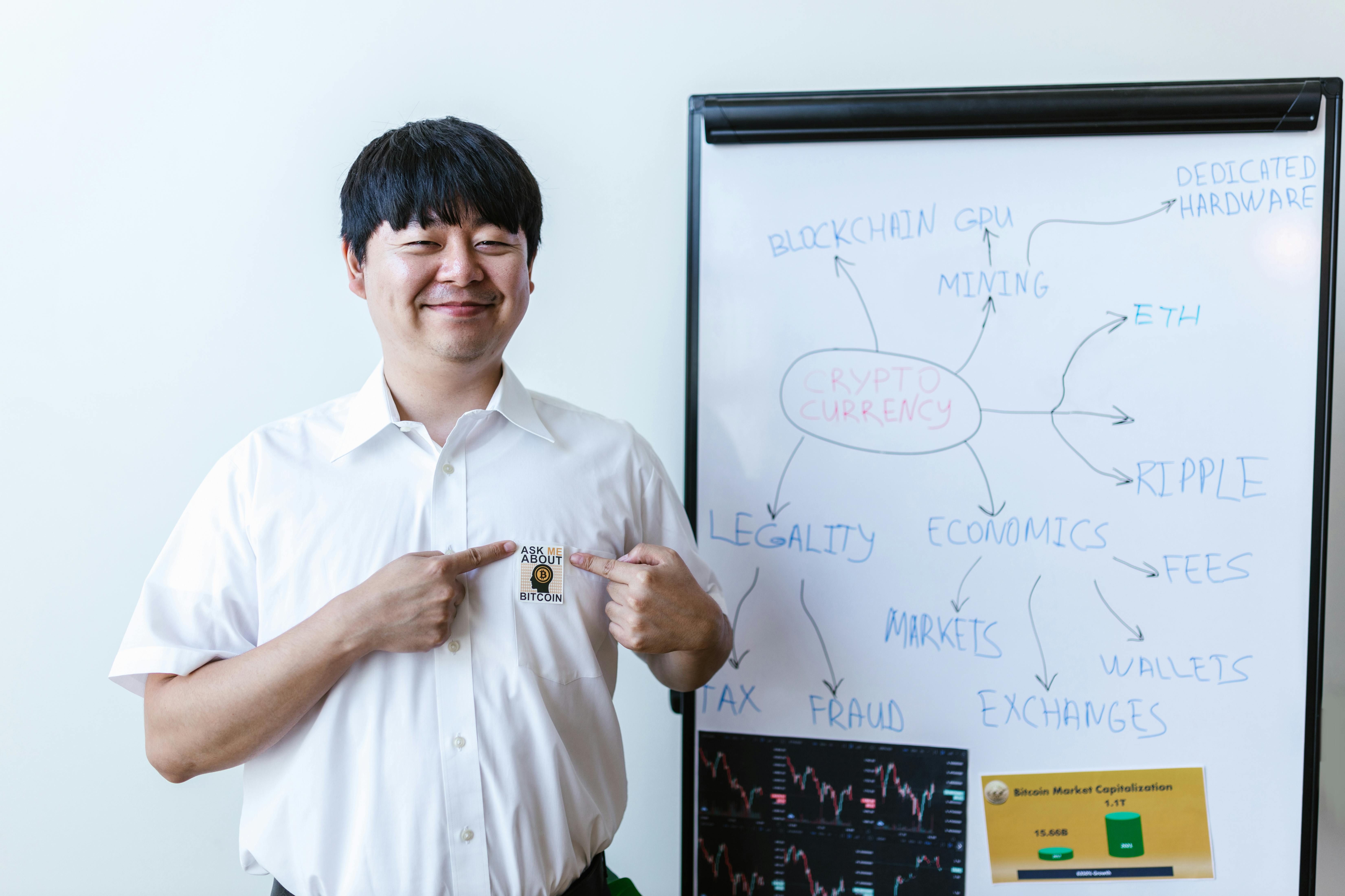 a man smiling while pointing fingers on his shirt