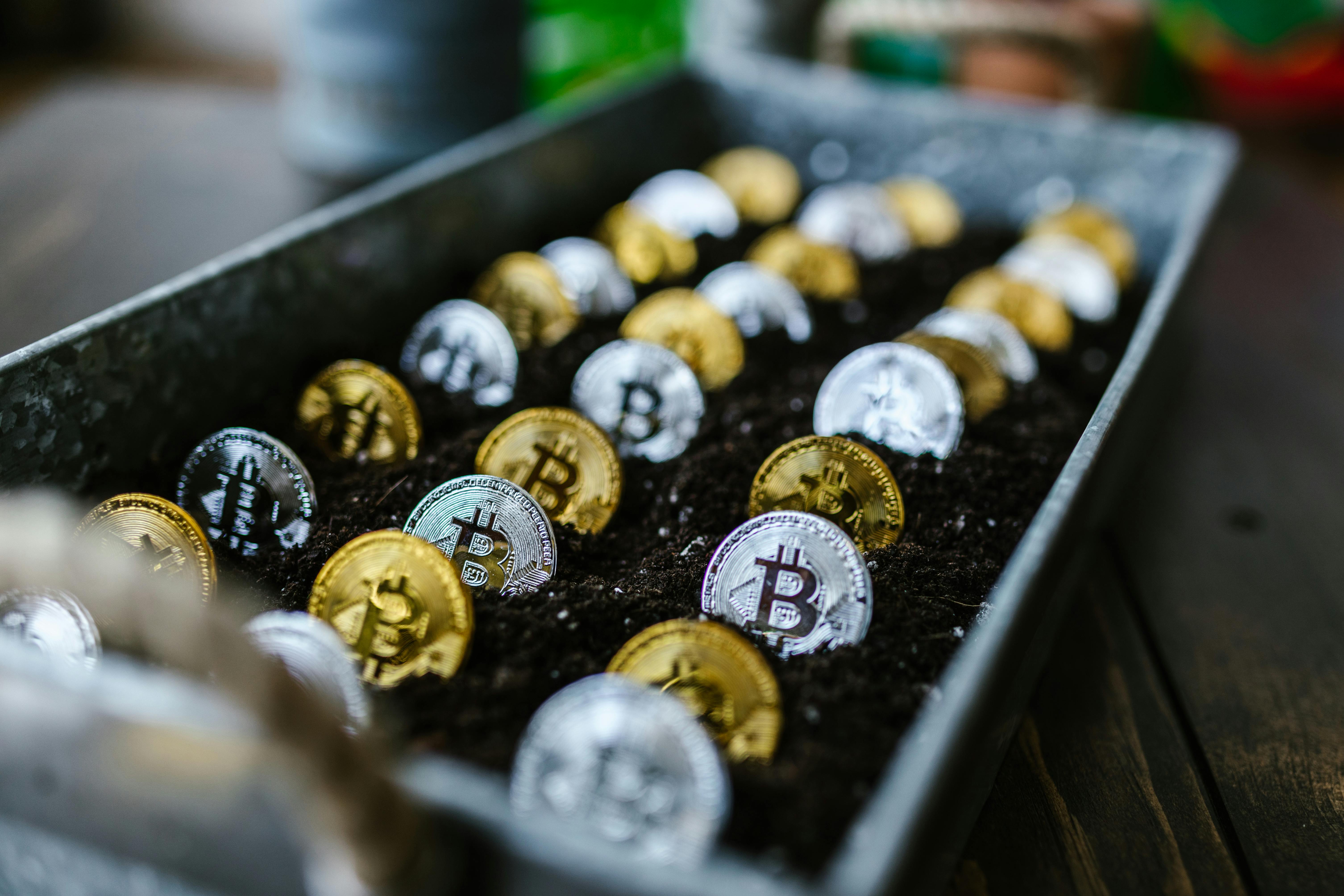 selective focus photo of silver and gold bitcoins