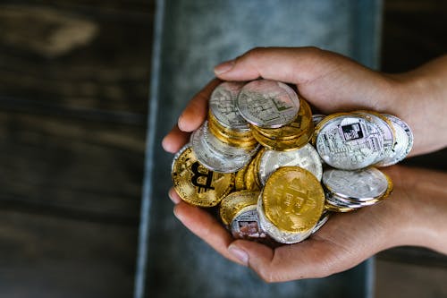 Free Person Holding Gold and Silver Coins Stock Photo