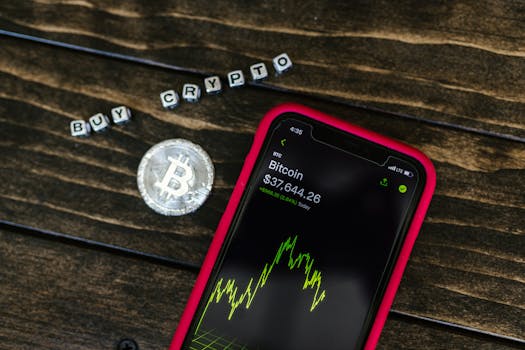 Smartphone showing bitcoin price with a physical coin and text representing cryptocurrency investment.