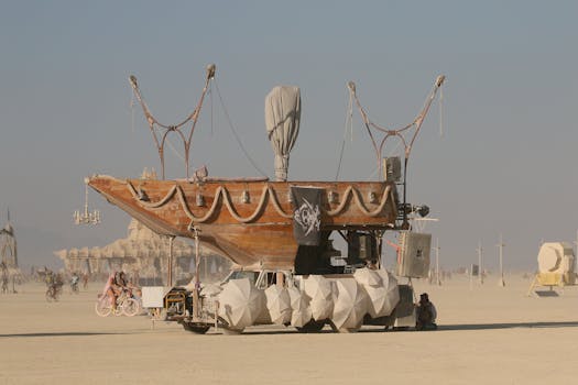 A creative art car displayed at the Burning Man festival in Nevada's vast desert setting.