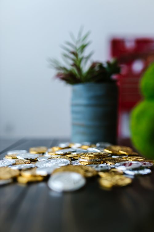 Free A stack of gold and silver coins with green plants in soft focus background. Stock Photo