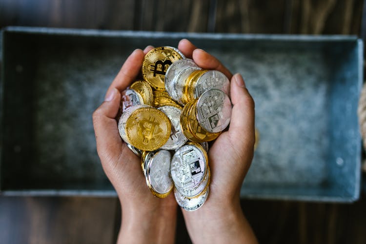 Person Holding Gold And Silver Round Coins