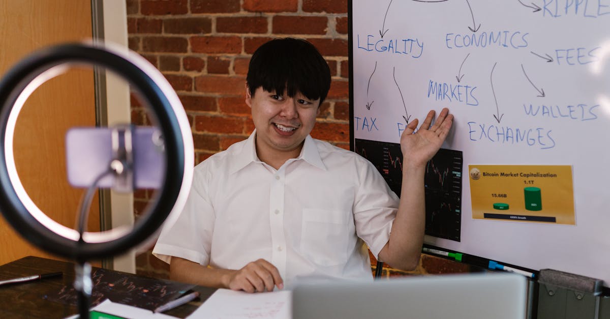 Asian man explaining cryptocurrency market with whiteboard indoors.