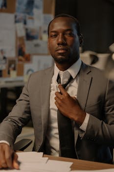 Businessman adjusting tie at office desk with documents, conveying confidence and professionalism.