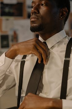 A contemplative professional black man in formal attire adjusts his necktie in a modern office setting.
