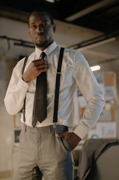 Businessman adjusting tie in modern office. Professional attire with suspenders highlights confidence.