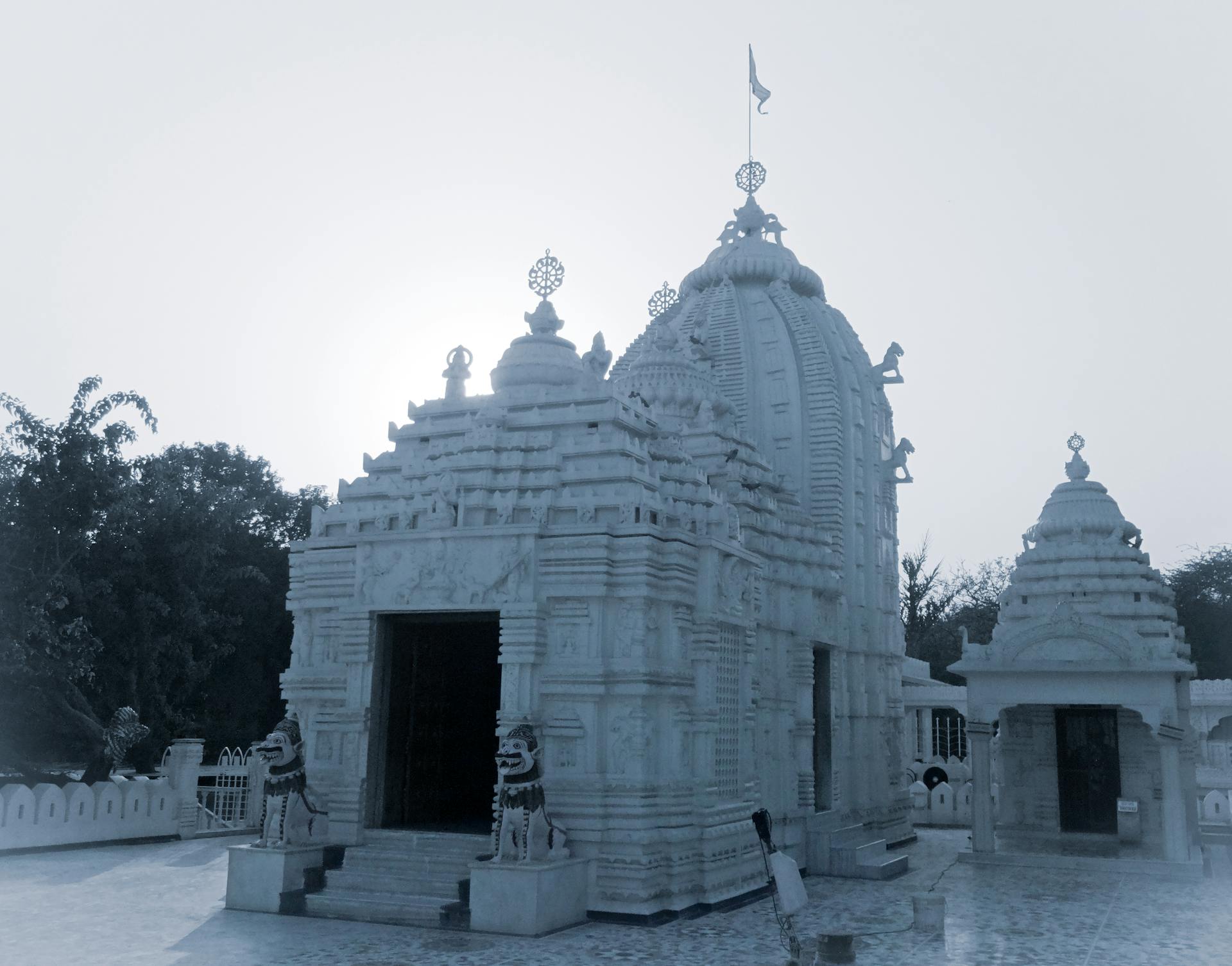 A stunning marble temple with intricate carvings set in a tranquil outdoor environment.
