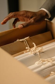 A hand reaching into a box containing tied documents, indicating investigation or organization.