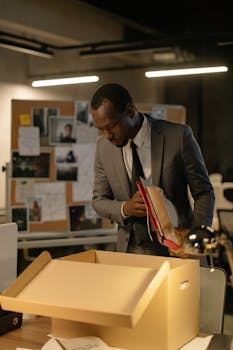 A serious businessman in a gray suit organizing files in an office workspace.