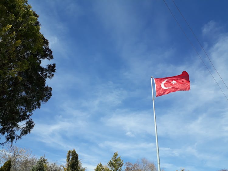 Turkey Flag On Pole Blowing In The Wind