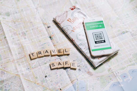 Travel safely with a health passport app displayed on a smartphone over a map.