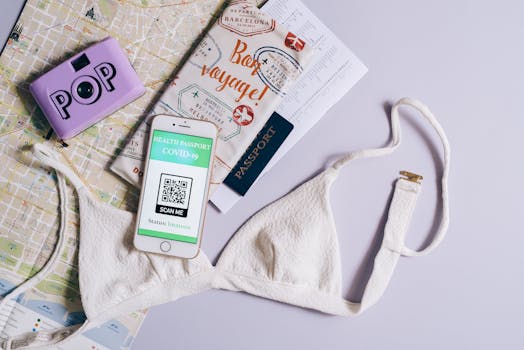 Flat lay of travel items including a COVID health passport, map, and bra, highlighting travel readiness.