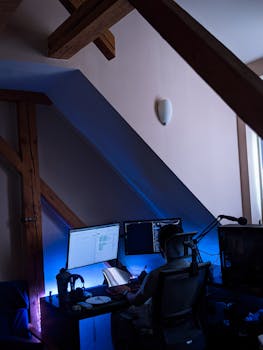 A person working at a dual-monitor setup in a dimly lit attic with blue ambient lighting.