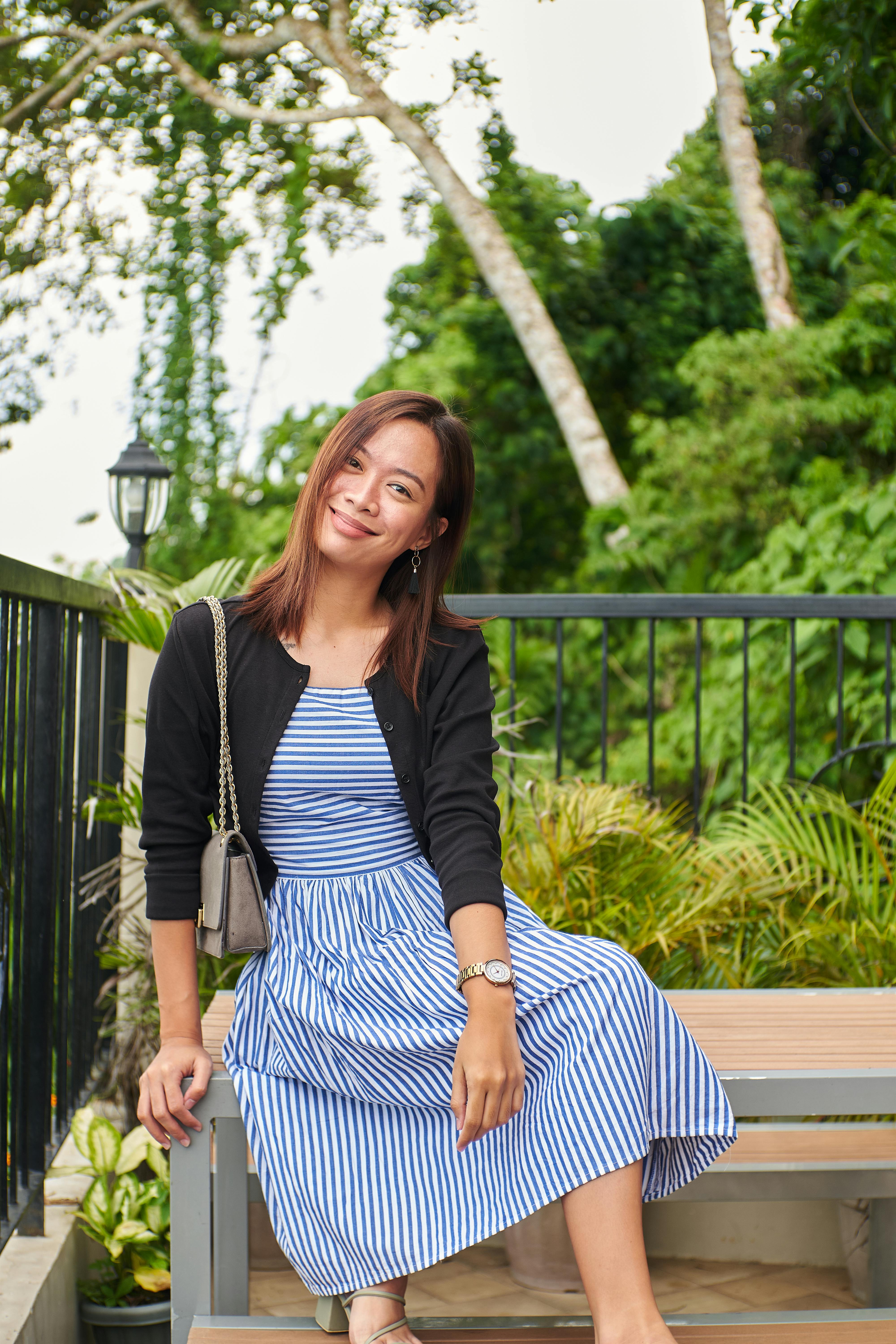 black blue striped dress Savannah Blue Stripe Strapless Midi Dress main image 1