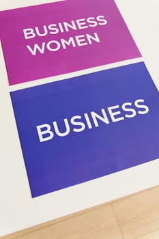 Vibrant business-themed placards on a white desk, emphasizing diversity and gender in business.
