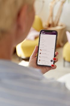 A woman using a smartphone indoors, showcasing a communication app in a relaxed and bright environment.