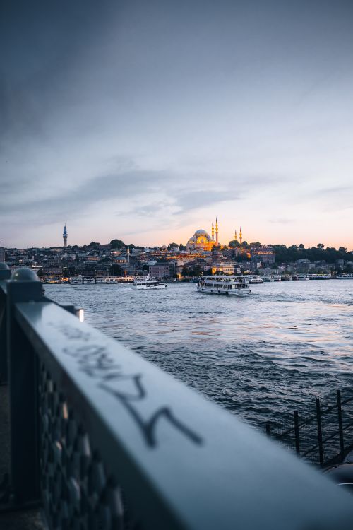 Free Beautiful sunset over Istanbul with historic landmarks and Bosphorus waters. Stock Photo