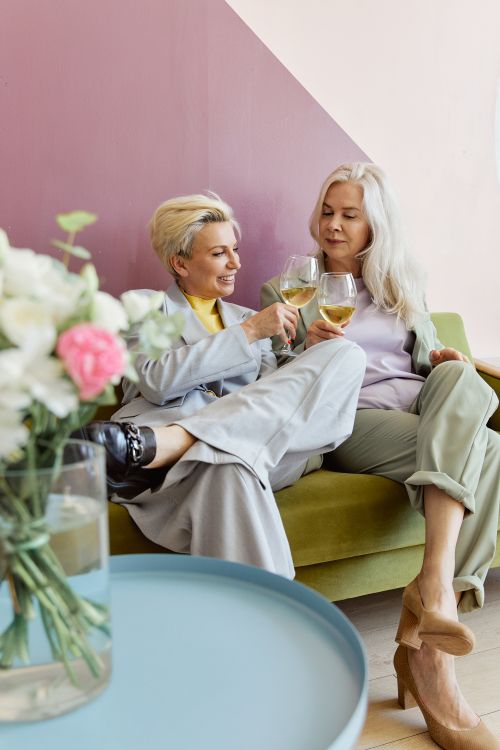 Free Two women sharing a toast with wine glasses on a modern green sofa. Stock Photo