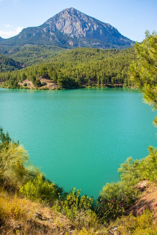 
A Blue Lake with a Mountain in the Background