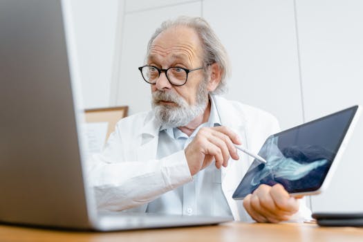A senior doctor in a white coat explaining an X-ray result using a tablet in a medical office.