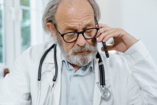 Elderly male doctor in white coat and glasses talking on phone, suggesting telemedicine.