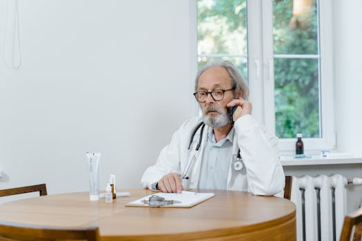 A senior doctor making a telemedicine call in an office setting, discussing medical cases.