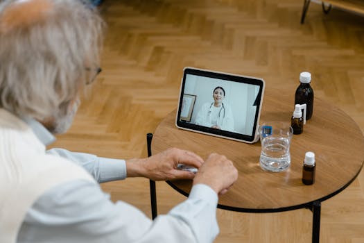 An elderly man participates in a telemedicine session using a tablet.