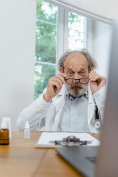 Elderly doctor holding glasses with stethoscope, sitting at a desk in medical office.