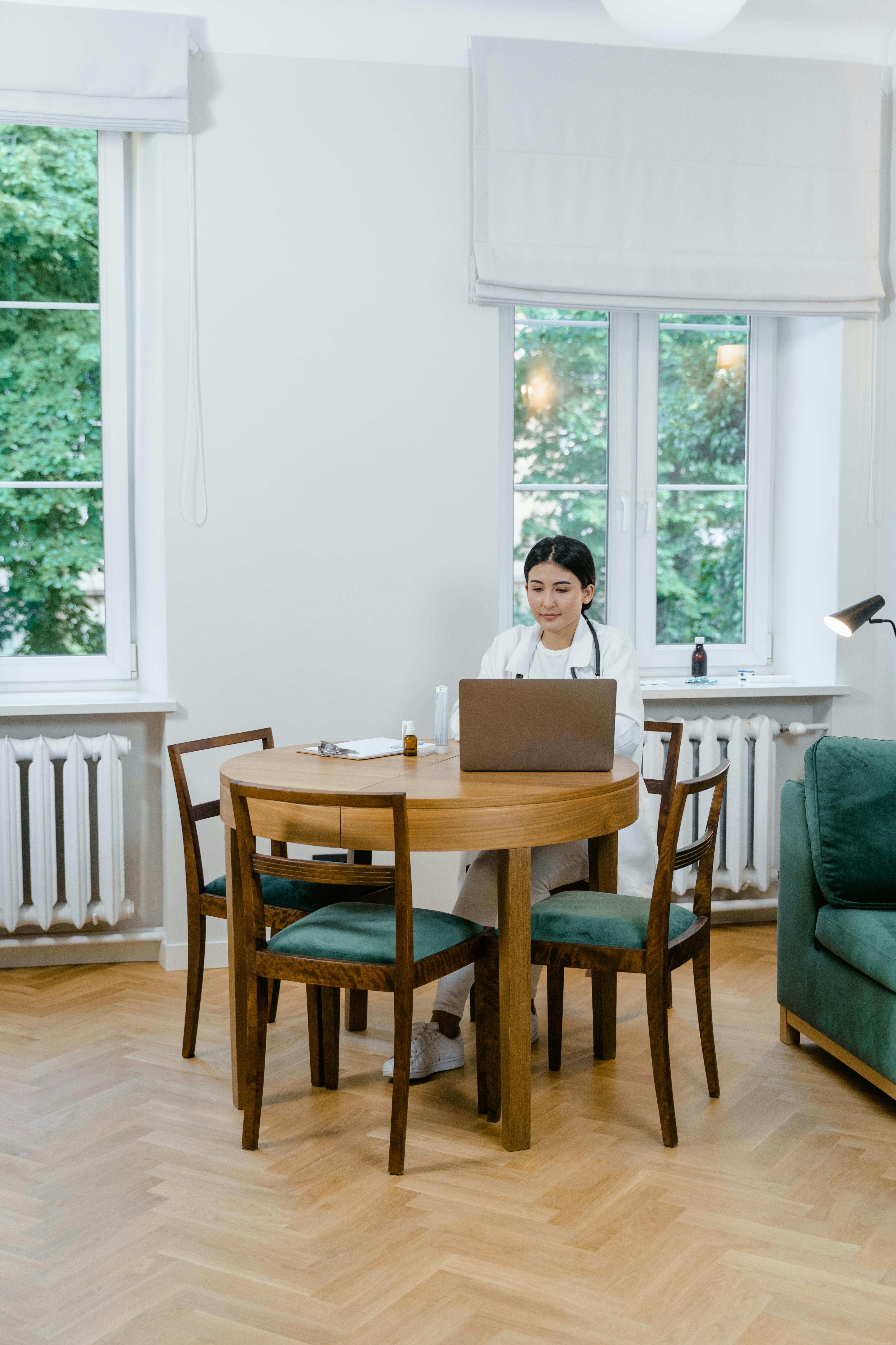 a woman sitting at the table