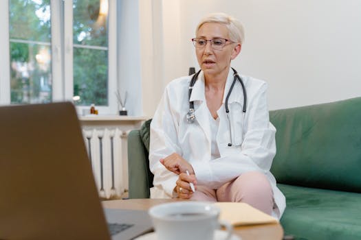 Elderly female doctor conducting an online consultation through video call in a cozy indoor setting.