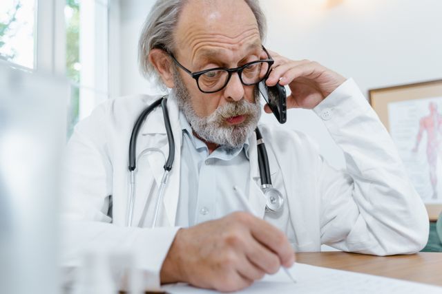 Médecin au téléphone prenant des notes dans son bureau